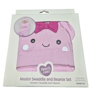 Parent’s Choice Muslin Swaddle & Beanie Set Pink New